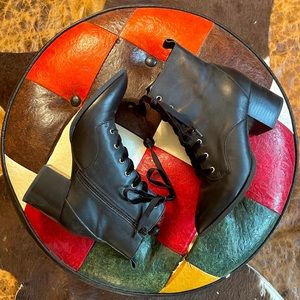 Anthropologie Seychelles Black Leather Victorian Ankle Booties with Velvet Laces